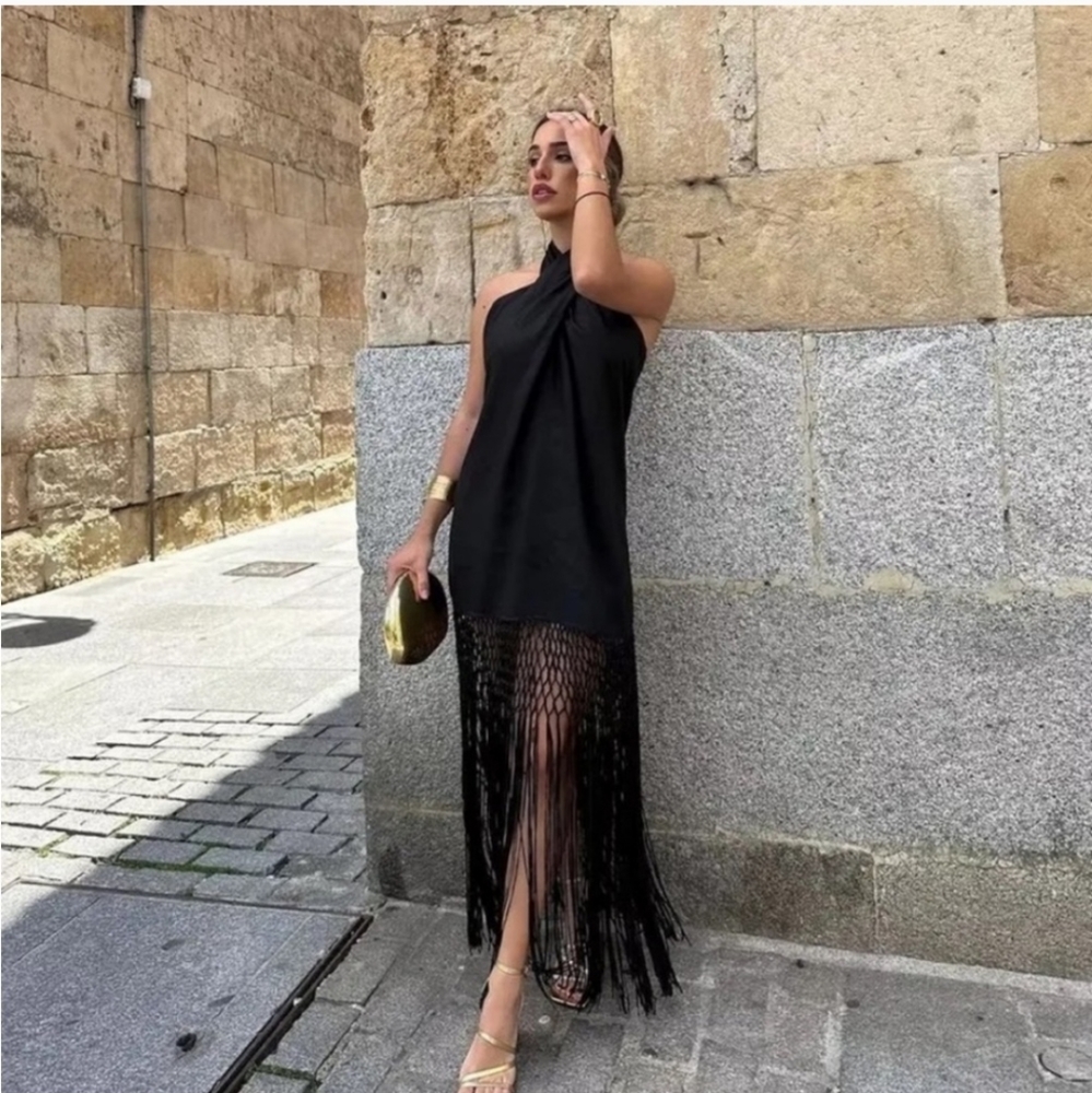 Zara halter * linen dress with fringe black size XS - Picture 8 of 16